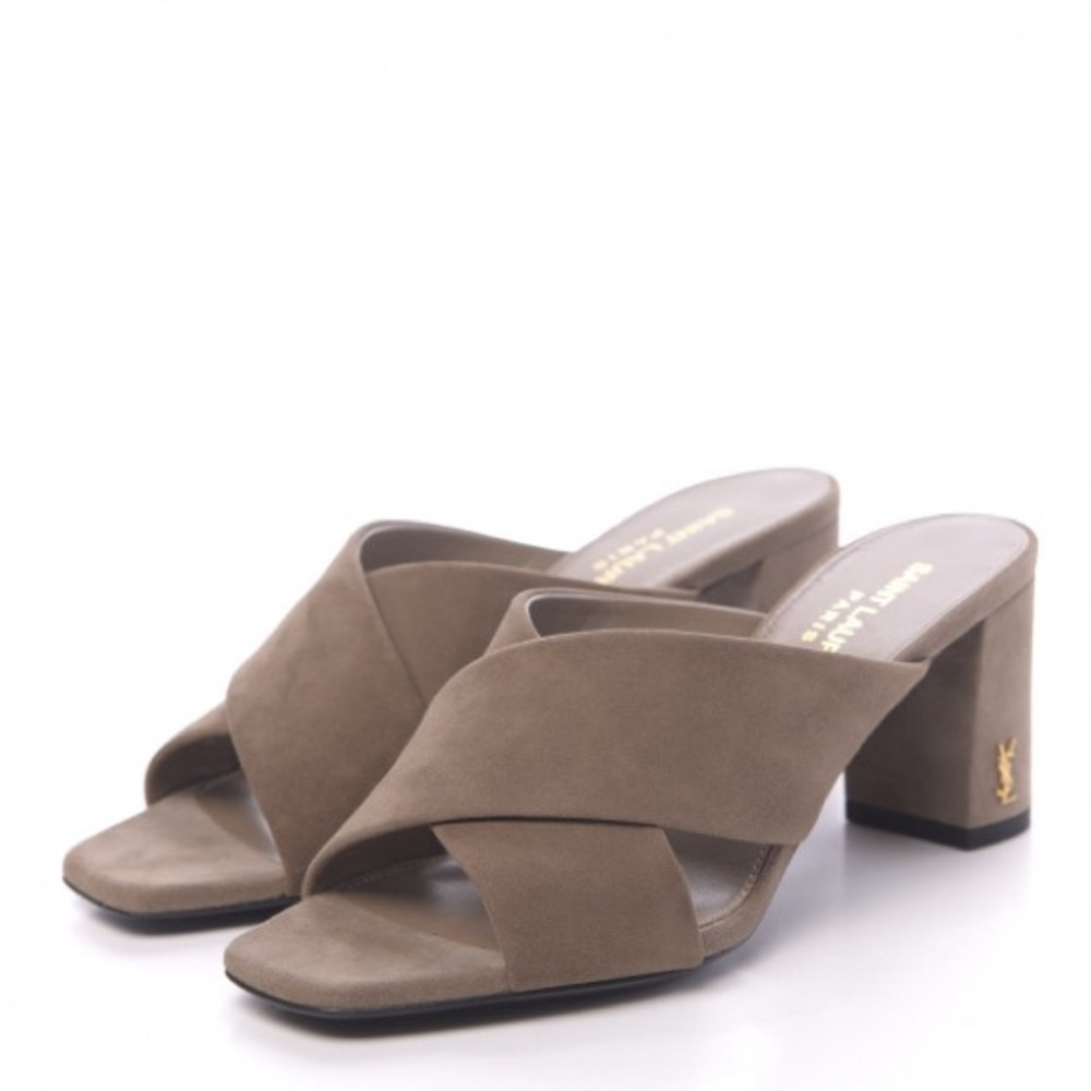 SAINT LAURENT Suede LouLou 70 Mules in Taupe